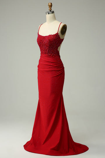 Dark Red Mermaid Halter Beaded Ball Dress with Appliques